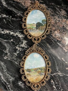 Vtg Ornate Gold Framed Pair of Oval Landscape Paintings frames made in Italy